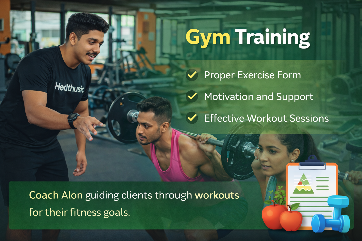 Coach guiding gym training at Healthusic Fitness Club